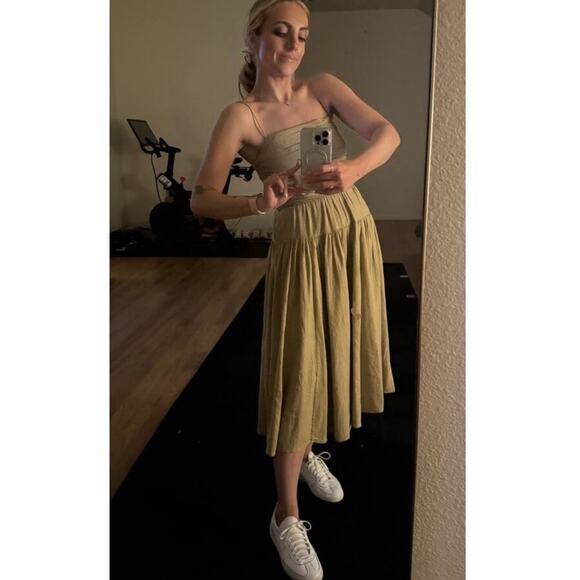 TOCCIN Women's Brown Khaki Square Neck Ruched Bodice Tie Waist Midi Dress Size 8 - Picture 16 of 16